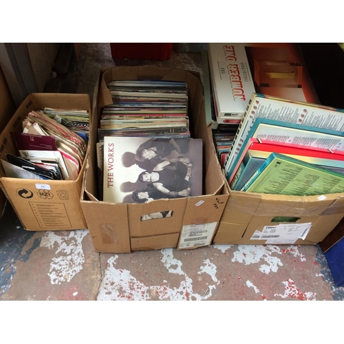 316 - THREE BOXES OF LP RECORDS AND 45 RECORDS TO INCLUDE QUEEN THE WORKS, ABBA, CARPENTERS, SHOWADDYWADDY... 