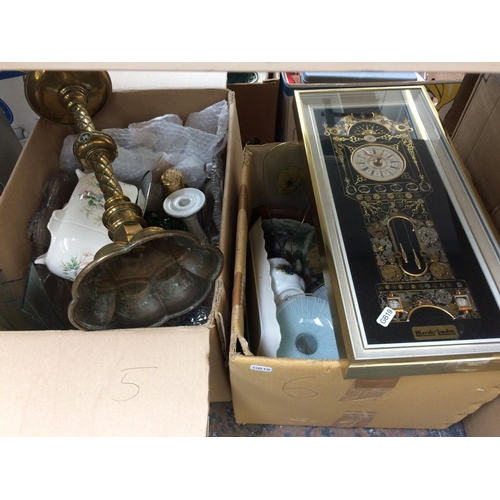 322 - SIX BOXES CONTAINING MIXED ITEMS TO INCLUDE CERAMICS, GLASSWARE, FRAMED CLOCK, ORNAMENTS ETC