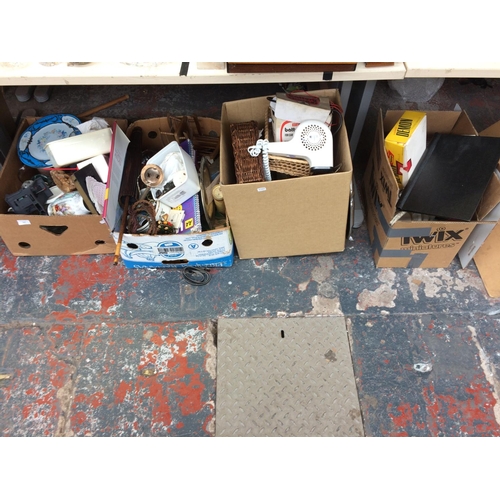 328 - FOUR BOXES CONTAINING MIXED ITEMS TO INCLUDE ELECTRICAL ITEMS, CERAMICS, GLASSWARE, DVDS, STATIONERY... 