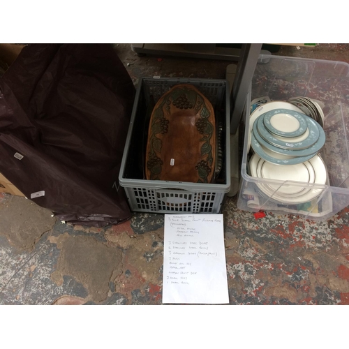 331 - TWO BOXES AND A BAG CONTAINING MIXED ITEMS TO INCLUDE CERAMICS, BOOKS, WOODEN BOWL ETC