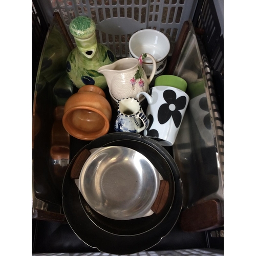 331 - TWO BOXES AND A BAG CONTAINING MIXED ITEMS TO INCLUDE CERAMICS, BOOKS, WOODEN BOWL ETC