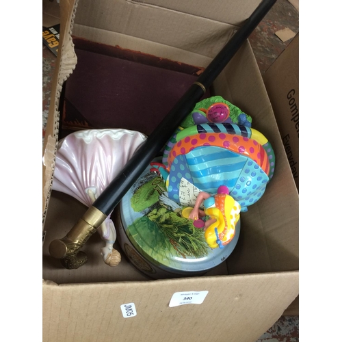 340 - THREE BOXES CONTAINING MIXED ITEMS TO INCLUDE CERAMICS, MIRRORS, TELEPHONE EXTENSIONS, PICNIC BASKET... 