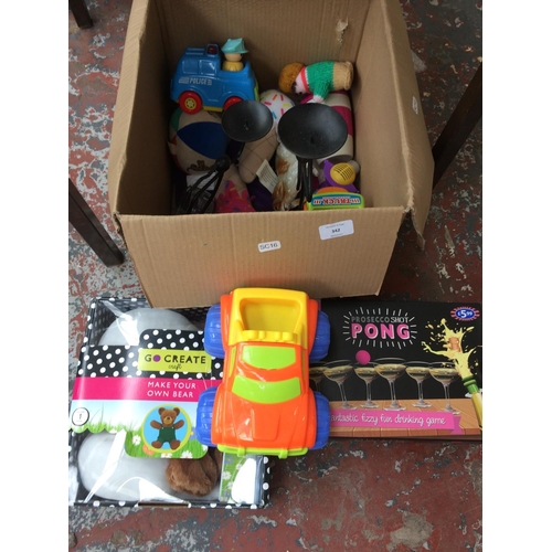 342 - BOX OF MIXED ITEMS TO INCLUDE TOYS AND GAMES, CANDLESTICKS, TOY BEAR MAKING, ETC.