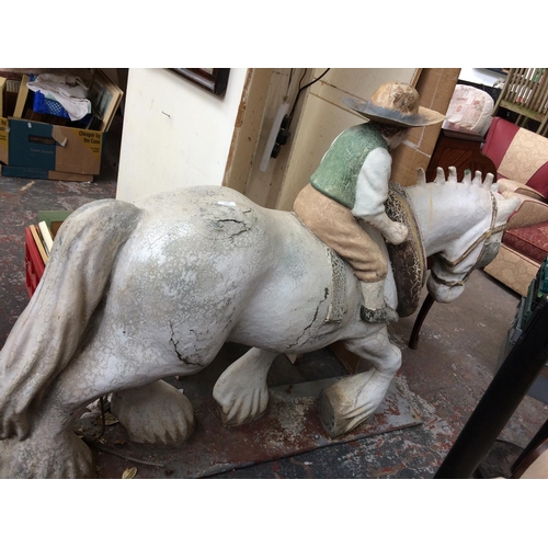 370 - UNUSUAL FIBREGLASS JOCKEY RIDING HORSE FIGURE - LENGTH 134cm HEIGHT 116cm