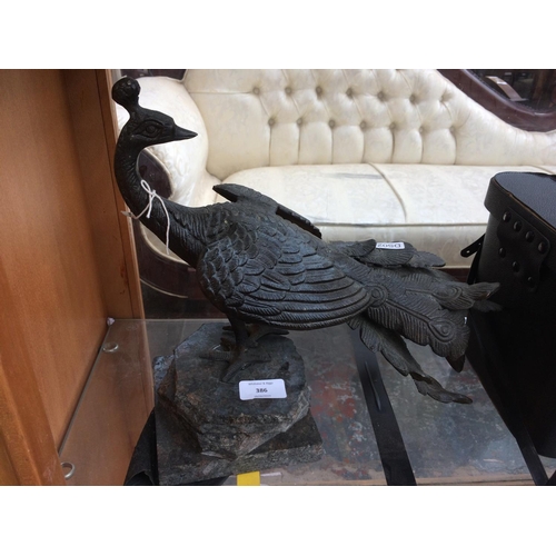 386 - A GOOD QUALITY SPELTER PEACOCK FIGURE ON MARBLE BASE (TAIL SLIGHTLY AT FAULT)