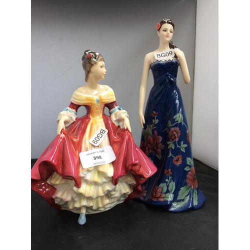 398 - A ROYAL DOULTON 'SOUTHERN BELLE' HN2229 FIGURINE AND A ROYAL WORCESTER POPPY BALL NO. 92 OF 4950