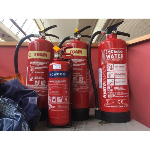 40 - FOUR FIRE EXTINGUISHERS, ONE CHUBB 6 LITRE WATER, TWO 6 LITRE FOAM AND ONE 2 KILO POWDER