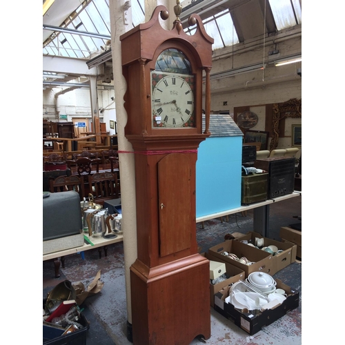 401A - A C.PARKER OF TADCASTER PINE GRANDFATHER CLOCK WITH PAINTED DIAL, WEIGHTS, PENDULUM AND KEY (MEASURI... 