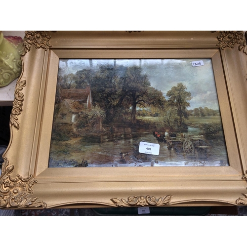 403 - TWO VINTAGE JOHN CONSTABLE GILT FRAMED PICTURES TO INCLUDE ONE HAY WAIN AND ONE THE YOUNG WALTONIANS