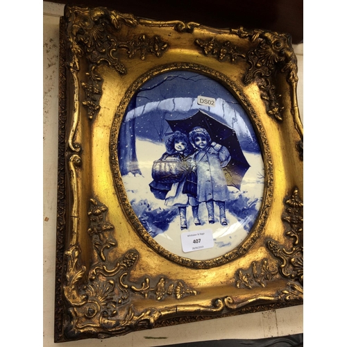 407 - BLUE AND WHITE WINTER SCENE TILE IN VICTORIAN STYLE GOLD FRAME