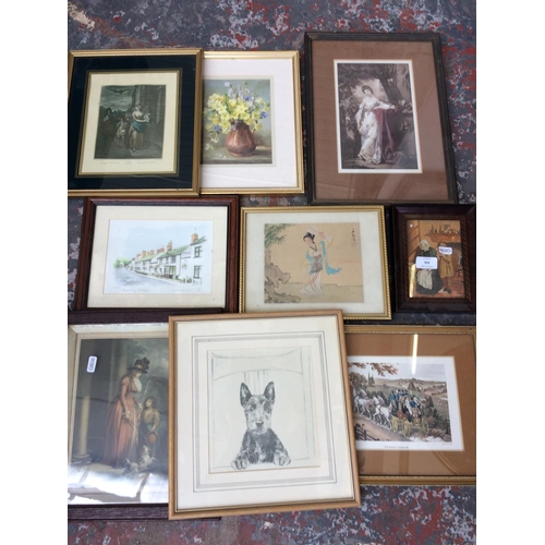 426 - NINE VARIOUS FRAMED PICTURES AND PRINTS TO INCLUDE: OAK FRAMED ENGRAVING OF MOTHER AND DAUGHTER WITH... 