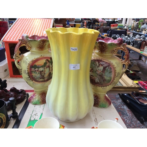 437 - A PAIR OF CONTINENTAL VASES AND AN ITALIAN YELLOW CERAMIC VASE