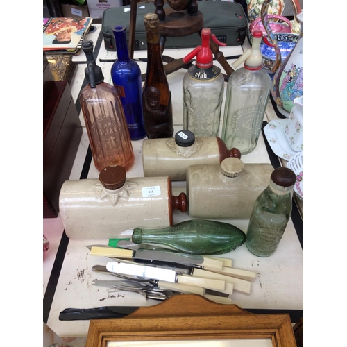 442 - A COLLECTION OF MIXED ITEMS TO INCLUDE STONEWARE HOT WATER BOTTLES, GLASS SODA SYPHONS, GLASS BOTTLE... 