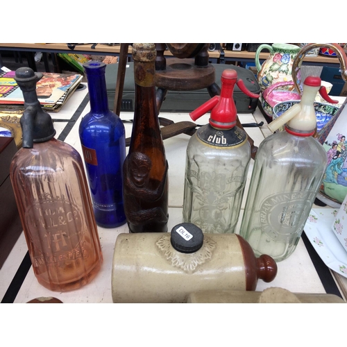 442 - A COLLECTION OF MIXED ITEMS TO INCLUDE STONEWARE HOT WATER BOTTLES, GLASS SODA SYPHONS, GLASS BOTTLE... 