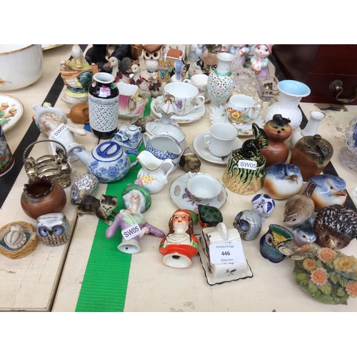 446 - A LARGE COLLECTION OF MINIATURE ORNAMENTS AND CUPS AND SAUCERS TO INCLUDE DOGS, DUCKS, CATS, BIRDS E... 