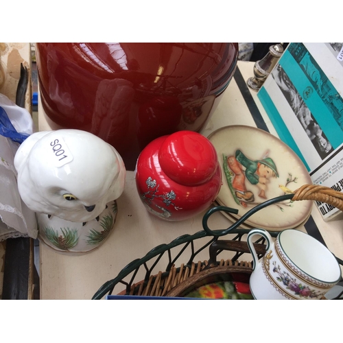 451 - A COLLECTION OF MIXED ITEMS TO INCLUDE A VINTAGE STYLE RED CEILING LIGHT SHADE, TWO WEST GERMAN GOEB... 