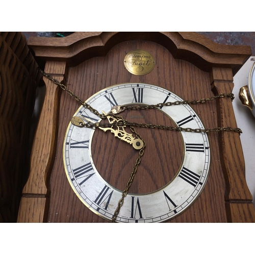 458 - AN OAK WALL CLOCK WITH WEIGHTS