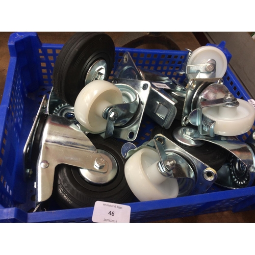 46 - A BOX CONTAINING NEW, LARGE AND SMALL CASTER WHEELS