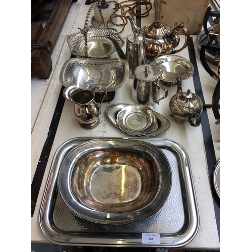 468 - A BOX CONTAINING MIXED SILVER PLATED WARE TO INCLUDE TRAYS, TEAPOTS, JUGS ETC