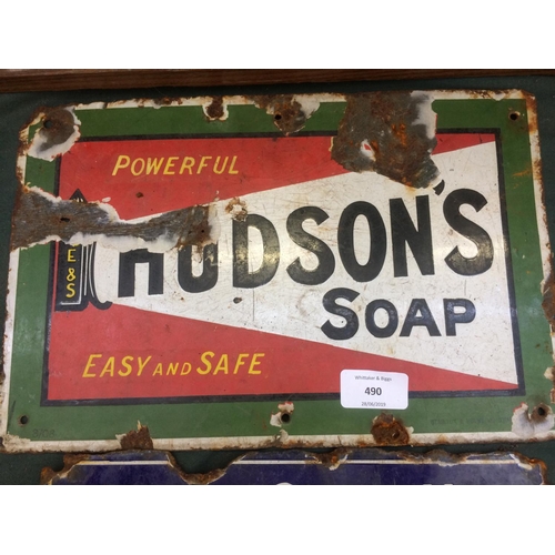 490 - A VINTAGE 'HUDSON'S SOAP' ENAMEL ADVERTISING SIGN