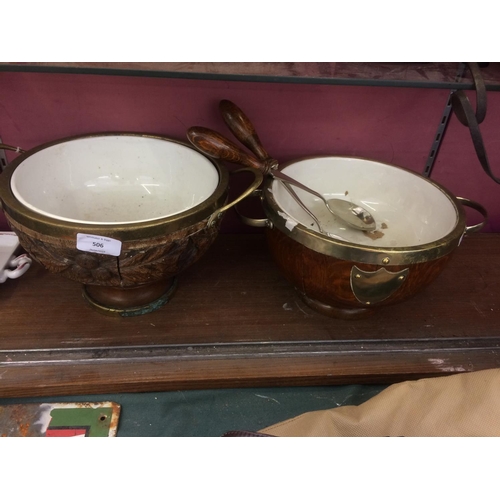 506 - A PAIR OF WOODEN SALAD SERVING BOWLS WITH SERVERS