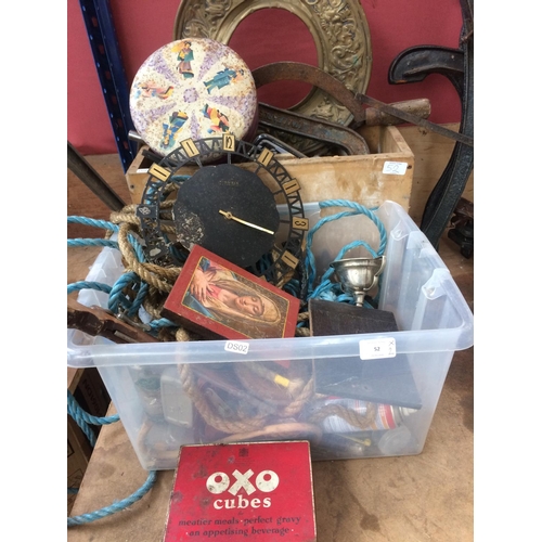 52 - TWO MIXED BOXES CONTAINING LARGE G CLAMP, VINTAGE OXO CUBE TIN, DRILL BRACE, DECORATIVE WEAR ETC.