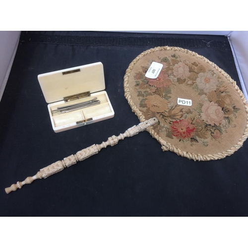 527 - A VICTORIAN TAPESTRY LADIES FAN AND A SMALL PLASTIC BOX