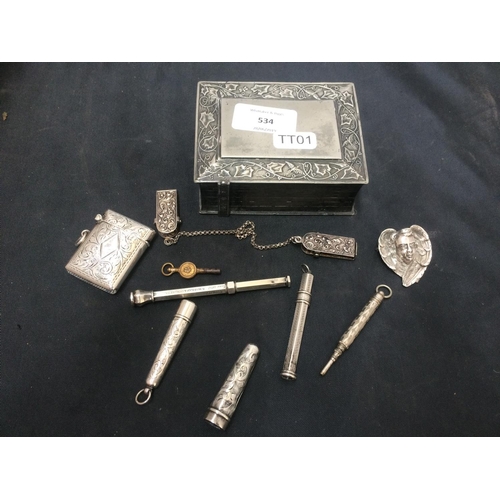 534 - A COLLECTION OF MIXED ITEMS TO INCLUDE A HALLMARKED BIRMINGHAM SILVER MATCH STRIKER, TWO HALLMARKED ... 