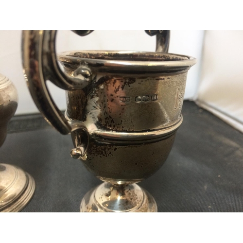 536 - THREE ITEMS TO INCLUDE A HALLMARKED BIRMINGHAM SILVER CHRISTENING MUG, HALLMARKED SHEFFIELD SILVER T... 