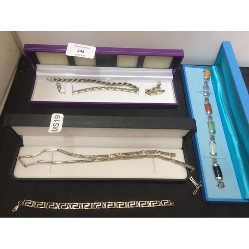 548 - THREE CASES CONTAINING TWO MEXICAN SILVER BRACELETS, 925 SILVER NECKLACE AND BRACELET AND A 925 SILV... 