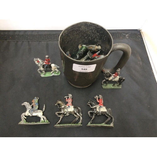 549 - A PEWTER TANKARD CONTAINING VINTAGE LEAD SOLDIERS