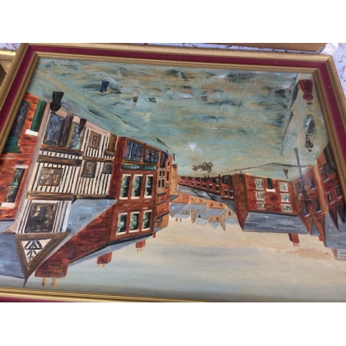 558 - FIFTEEN FRAMED PICTURES AND PRINTS TO INCLUDE: OIL ON BOARD - TOWN SCENE, OIL ON BOARD - STILL LIFE,... 