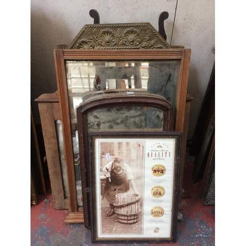 568 - A COLLECTION OF MIXED PICTURES AND MIRRORS TO INCLUDE NINE VINTAGE MIRRORS AND AN ADVERTISING PICTUR... 