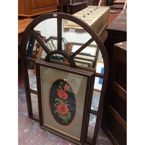 582 - A GEORGIAN ORNATE MAHOGANY FRAMED MIRROR AND A WATERCOLOUR OF POPPIES