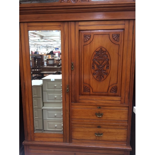 588 - A GOOD QUALITY EDWARDIAN SATINWOOD COMPACTUM WARDROBE WITH ONE MIRRORED DOOR, ONE FURTHER DOOR AND T... 