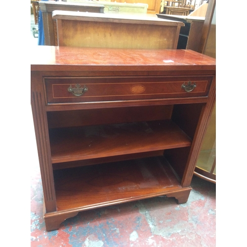 612 - A MAHOGANY OPEN BOOKCASE WITH ONE DRAWER AND TWO SHELVES