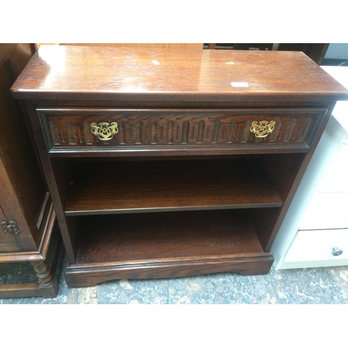 648 - AN OAK TWO TIER OPEN BOOKCASE WITH ONE DRAWER