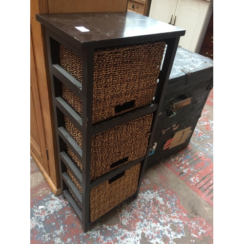 670 - A MODERN STORAGE UNIT WITH THREE WICKER DRAWERS