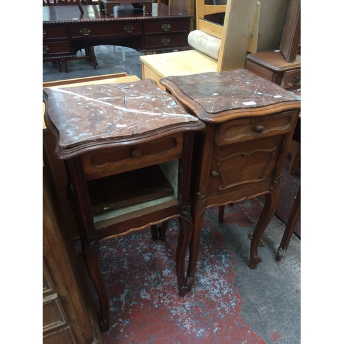 680 - A PAIR OF FRENCH OAK BEDSIDE CABINETS WITH MARBLE TOPS (IN NEED OF ATTENTION)