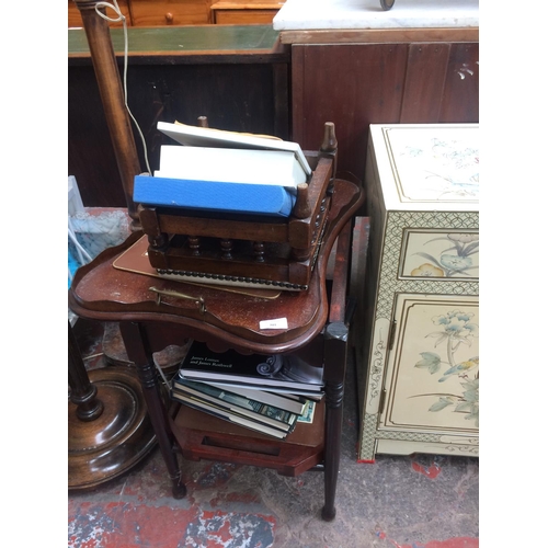 701 - A COLLECTION OF MIXED ITEMS TO INCLUDE A MAHOGANY TRAY, SMALL STOOL, SMALL TABLE, BOOKS ETC