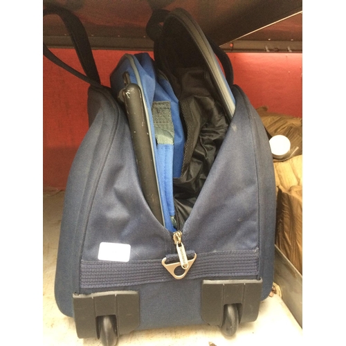 72 - LARGE BLUE HOLDALL CONTAINING COMPASS BAG, SMALL SUITCASE, SMALL GREEN CANVAS BAG,ETC.