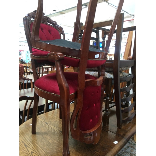 734 - A PAIR OF ITALIAN MAHOGANY DINING CHAIRS WITH RED BUTTON BACK UPHOLSTERY