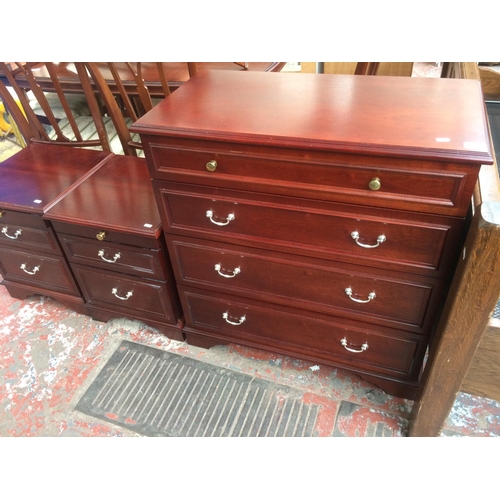 745 - THREE ITEMS TO INCLUDE A MAHOGANY EFFECT CHEST OF THREE DRAWERS AND TWO MATCHING BEDSIDE CHESTS