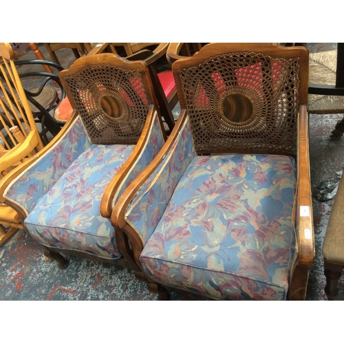 784 - A PAIR OF MAHOGANY FRAMED RATTAN BACKED PARLOUR CHAIRS