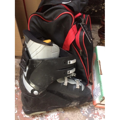 82 - TWO ITEMS TO INCLUDE A BAGGED PAIR OF BETA CARVE SNOW SKI'S AND A PAIR OF SIZE 11.5 SALLOW SKI BOOTS