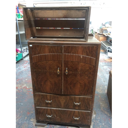 90 - TWO ITEMS TO INCLUDE A VINTAGE WOODEN STORAGE BOX AND A WALNUT VENEERED CABINET CONTAINING FILES, YA... 