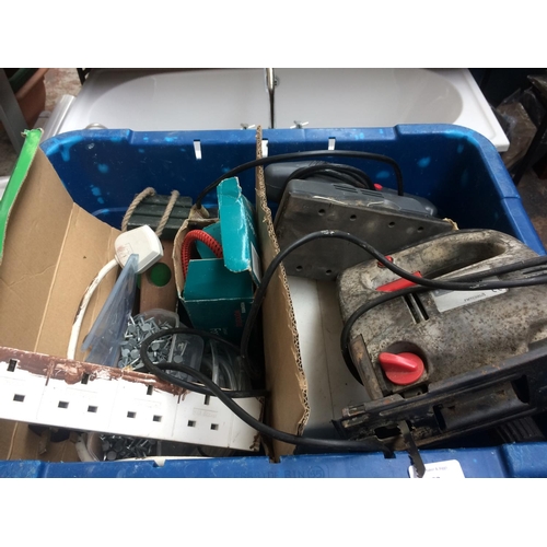 93 - A BOX CONTAINING PERFORMANCE POWER ELECTRIC JIGSAW, FLAT BED SANDER, NAILS, 18V CORDLESS DRILL DRIVE... 