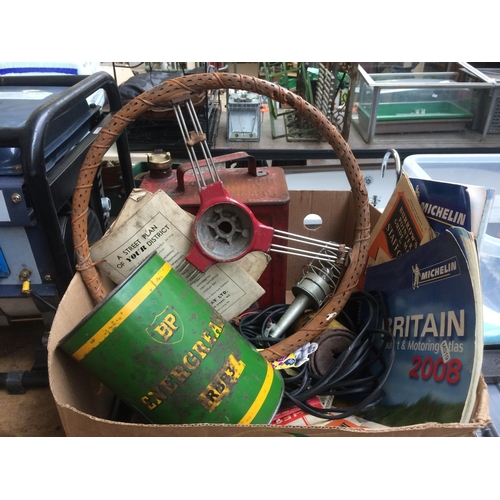 95 - A BOX CONTAINING VINTAGE BP GREASE TIN, RED METAL PETROL CAN, PAIR OF FIAMM CAR HORNS, 12V WORK LIGH... 