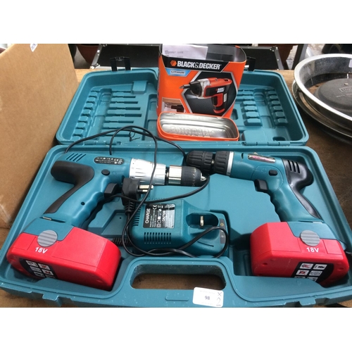 98 - TWO ITEMS TO INCLUDE A CASED NEILSEN 2 PIECE CORDLESS SET COMPRISING OF CT0585B 18V CORDLESS DRILL A... 