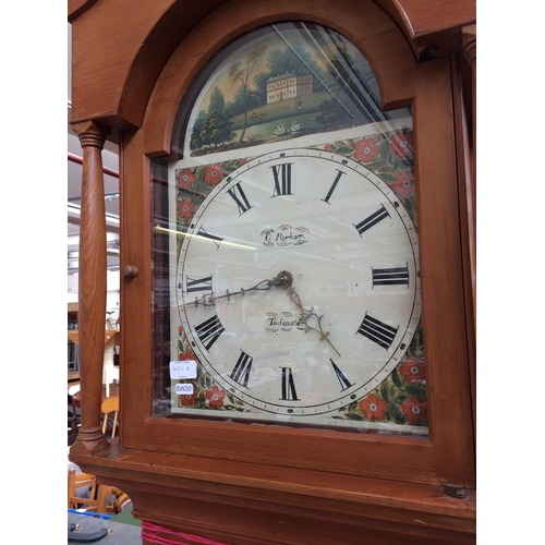 401A - A C.PARKER OF TADCASTER PINE GRANDFATHER CLOCK WITH PAINTED DIAL, WEIGHTS, PENDULUM AND KEY (MEASURI... 